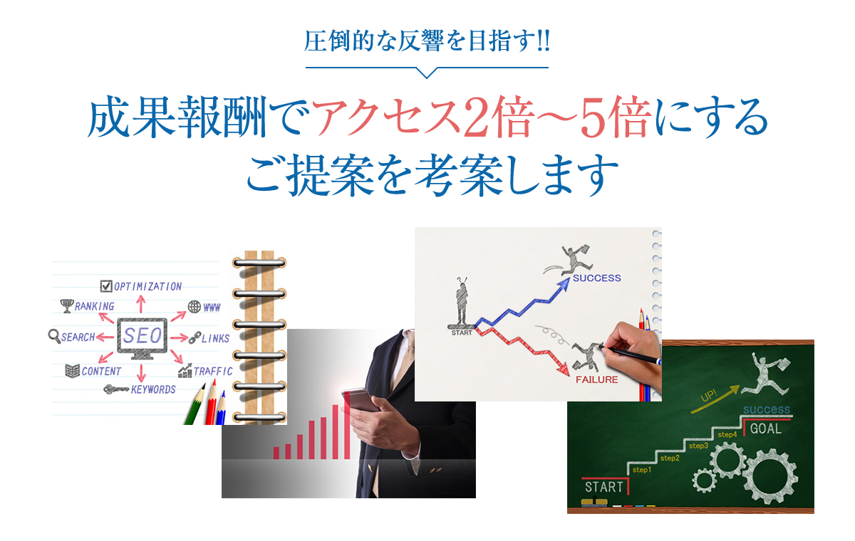 圧倒的な反響を目指す!!成果報酬でアクセス2倍~5倍にするご提案を考案します