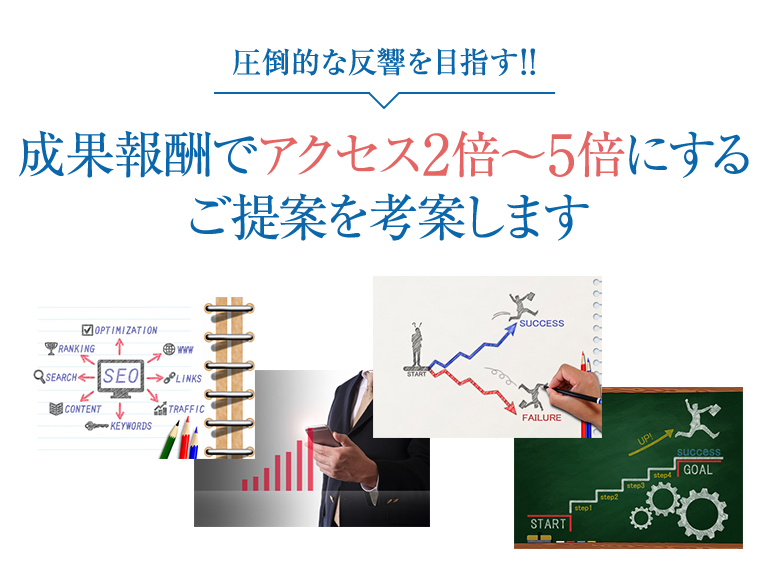 圧倒的な反響を目指す!!成果報酬でアクセス2倍~5倍にするご提案を考案します